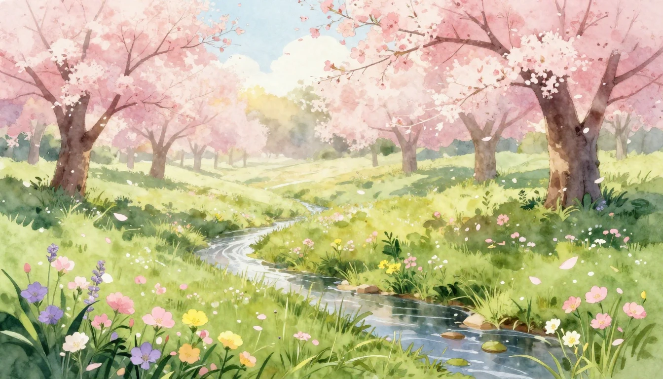 A serene spring landscape in a soft watercolor style. A lush...