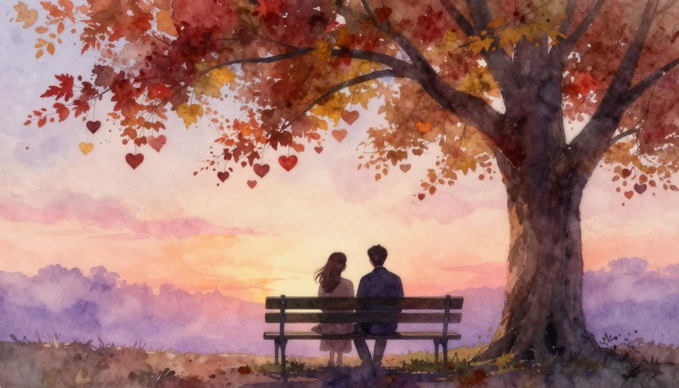 A romantic and dreamy watercolor painting featuring two silh...