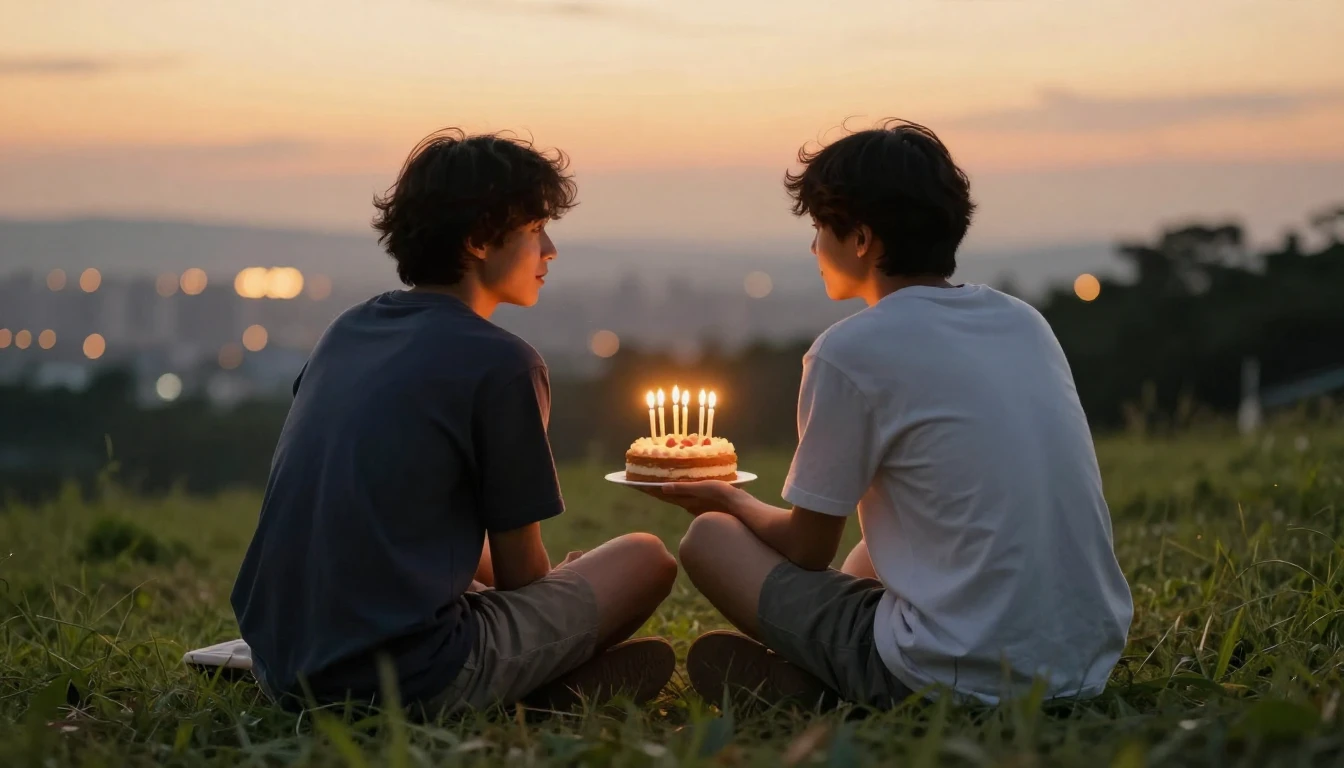 Two friends sitting side by side on a grassy hill during a g...