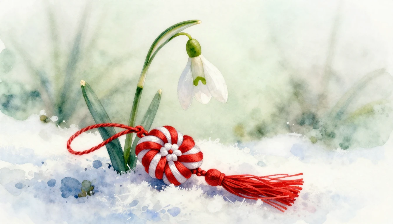 A delicate watercolor painting of a snowdrop flower emerging...