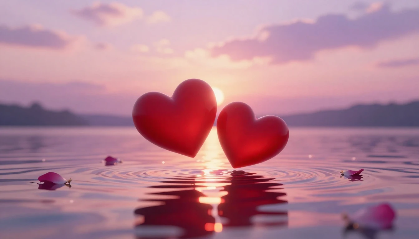 A beautiful and romantic scene featuring two glowing red hea...
