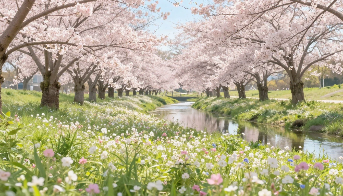 A serene landscape featuring a lush meadow filled with bloom...
