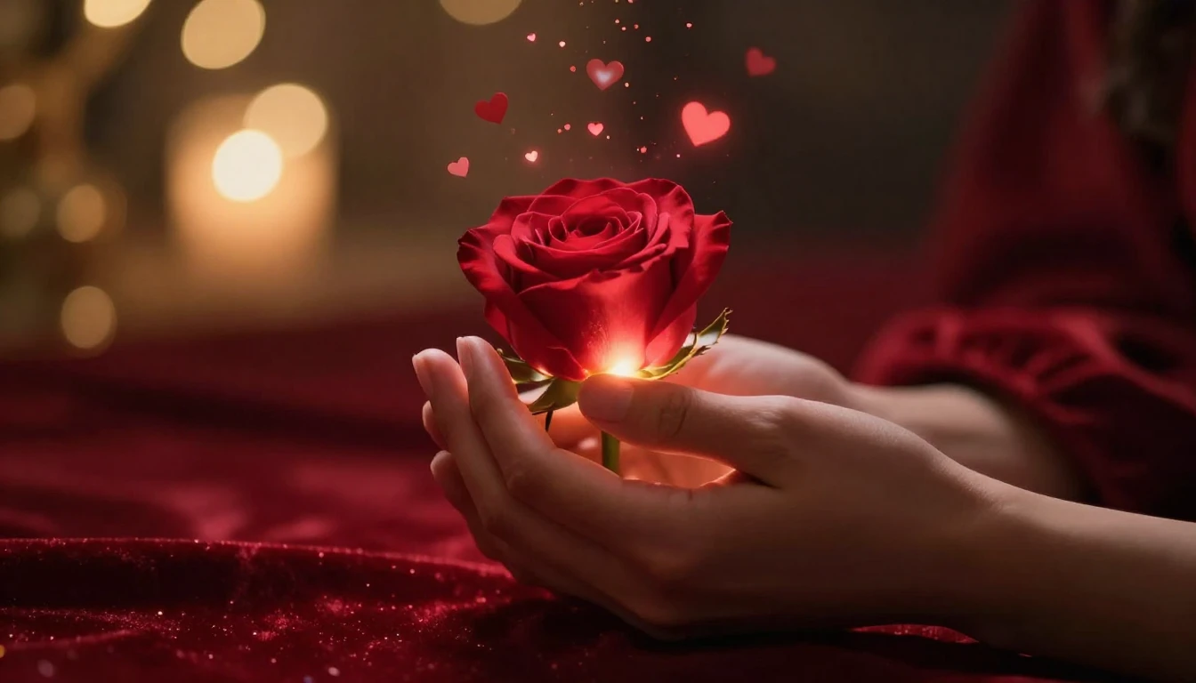 A cinematic, romantic scene for Valentine's Day. Close-up of...