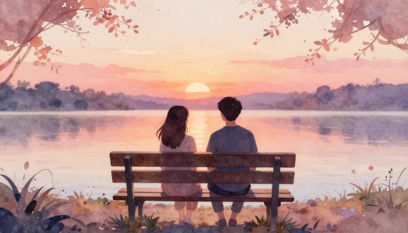 A beautiful watercolor painting depicting two silhouettes of...