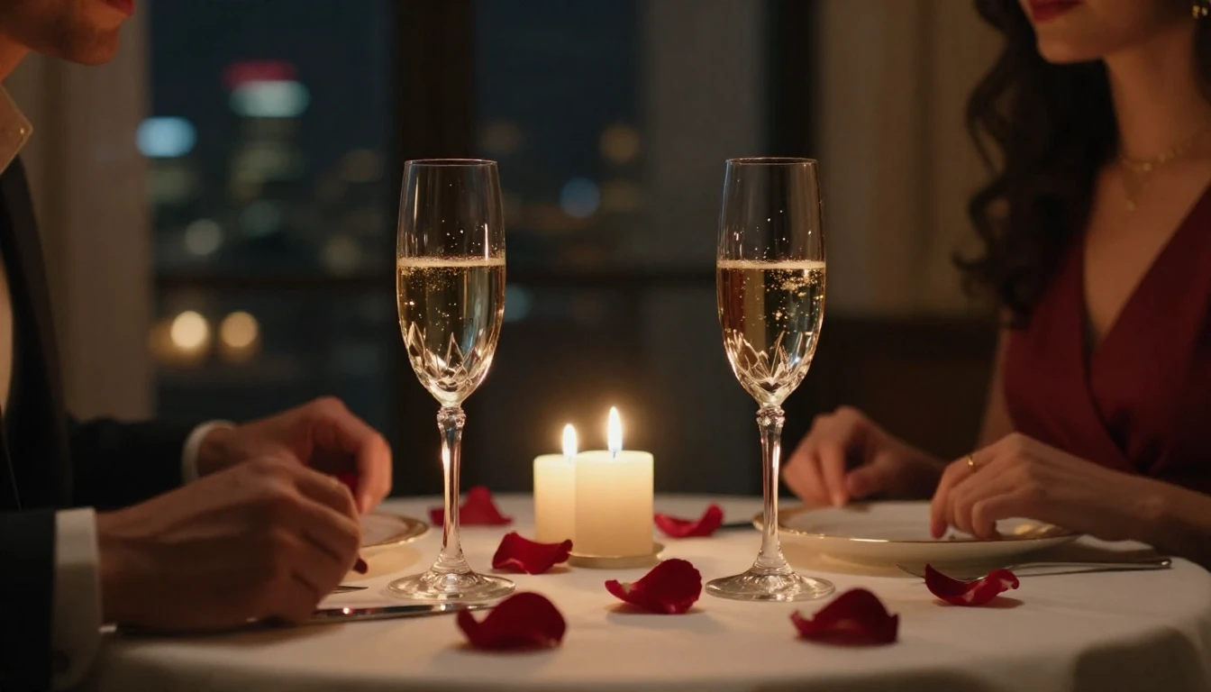 A close-up cinematic shot of a beautifully set dinner table ...