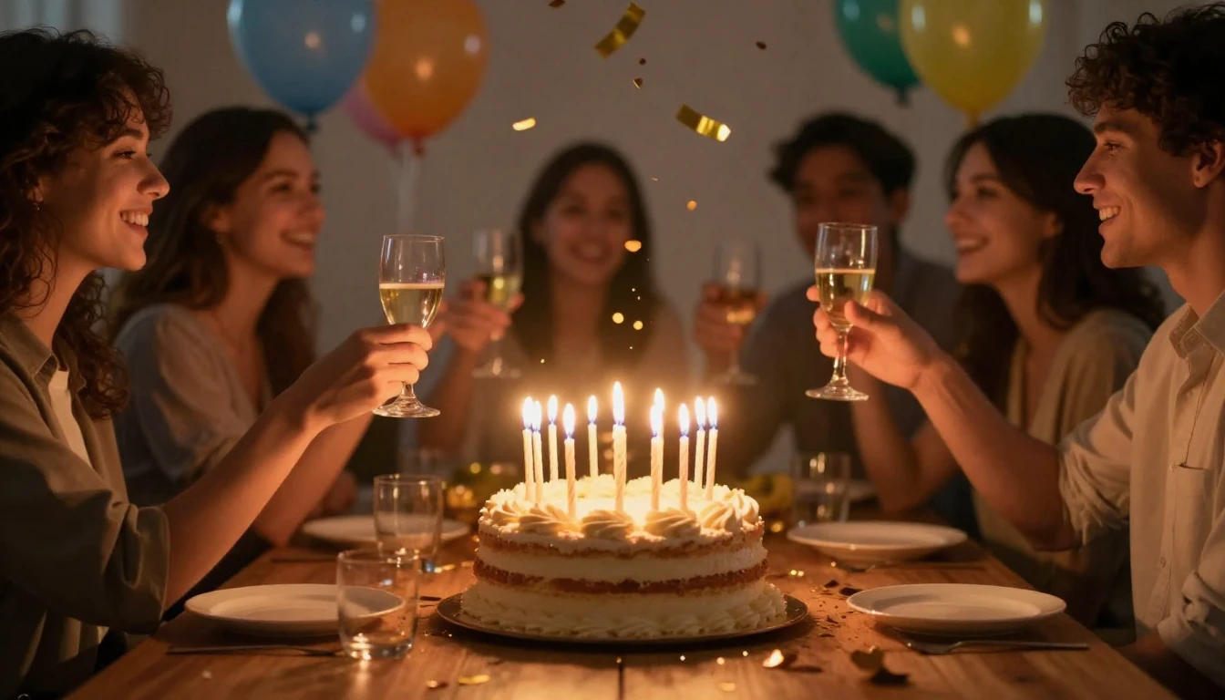 A warm and festive scene celebrating a birthday, focusing on...