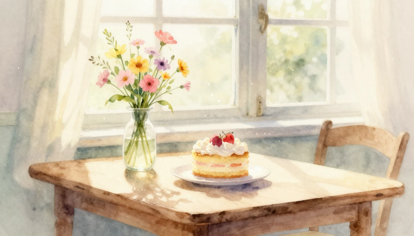 A beautiful watercolor painting of a sunlit room with a smal...