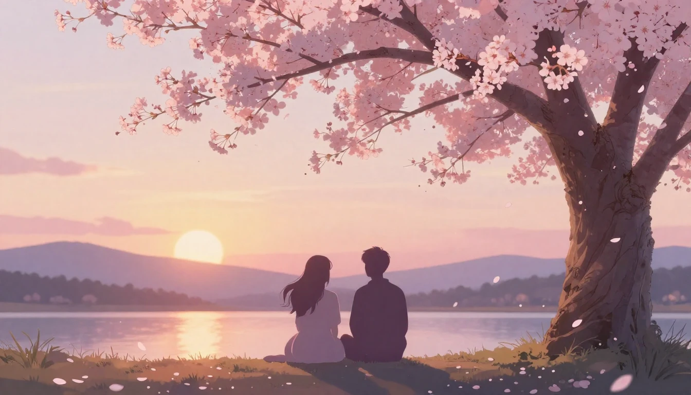A romantic and ethereal scene featuring two stylized silhoue...