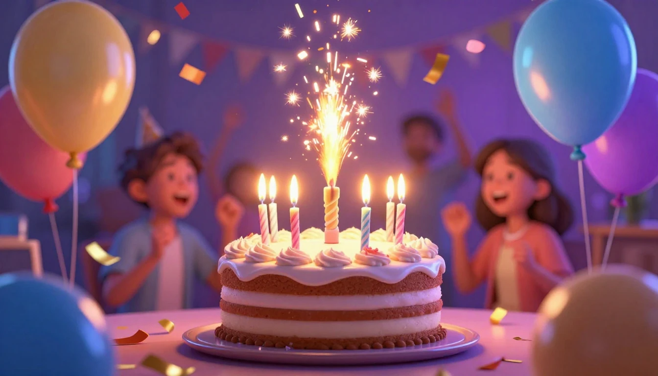 A vibrant and colorful birthday celebration scene in a moder...