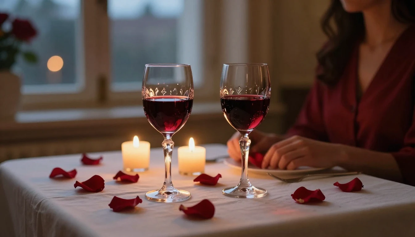 A close-up shot of a beautifully set dinner table for two in...