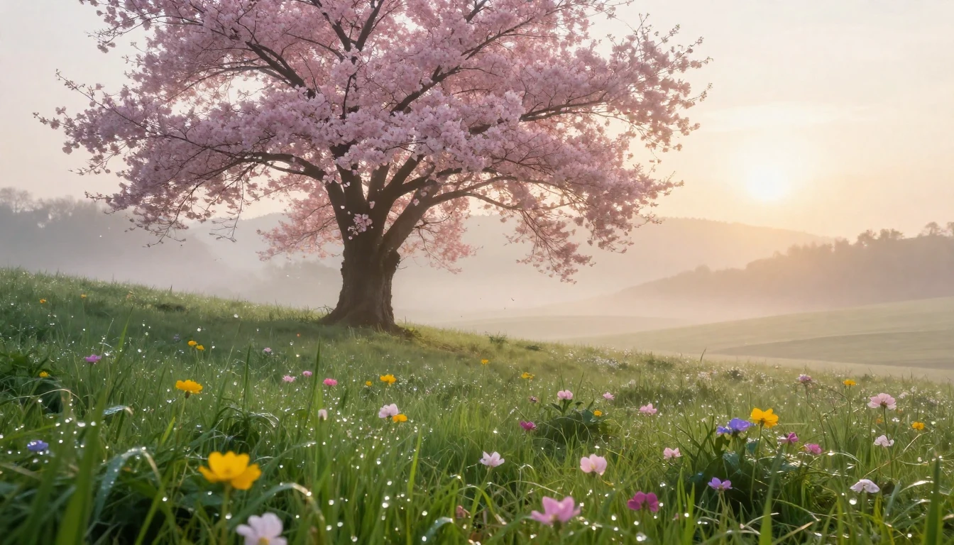 An ethereal landscape of a serene spring meadow at dawn. Tin...