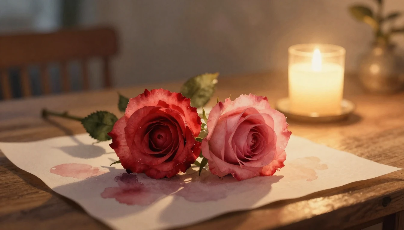 A delicate watercolor painting of two intertwined roses rest...