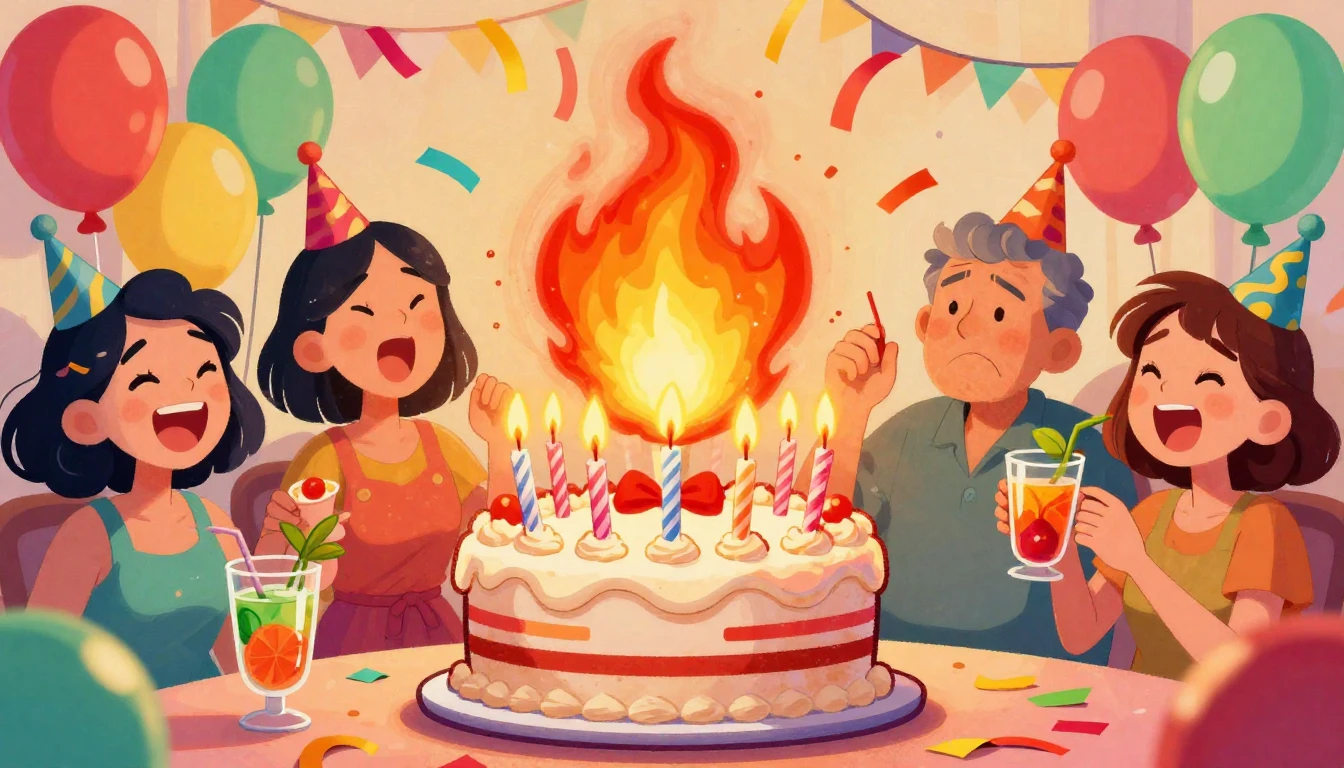 A vibrant and humorous cartoon illustration of a chaotic bir...