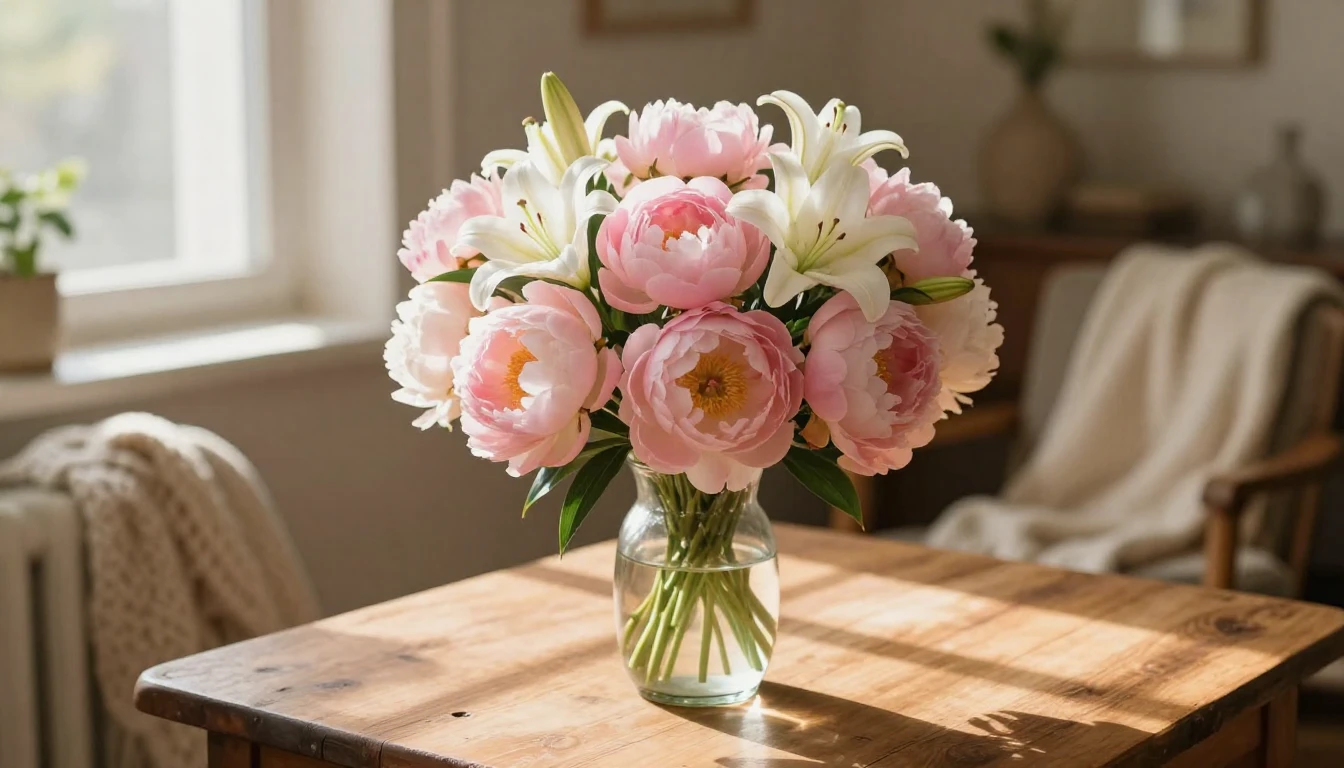 A beautiful bouquet of soft pink peonies and white lilies si...