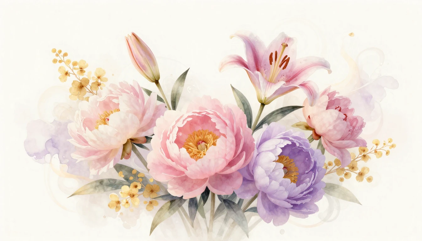 An elegant and soft composition featuring a variety of bloom...