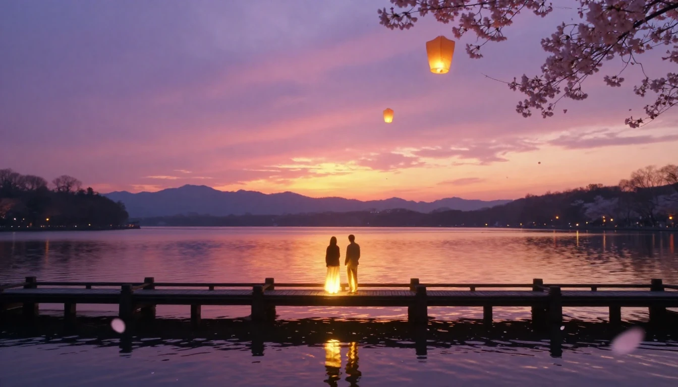 A breathtakingly beautiful scene of two glowing silhouettes ...