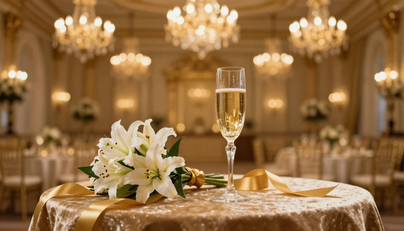 A luxurious and festive scene featuring a grand ballroom set...