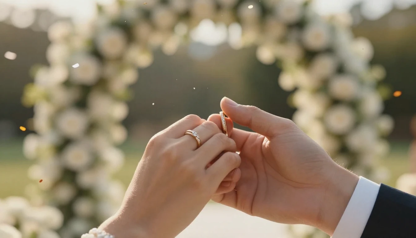 A cinematic, magical wedding atmosphere, close-up of two han...