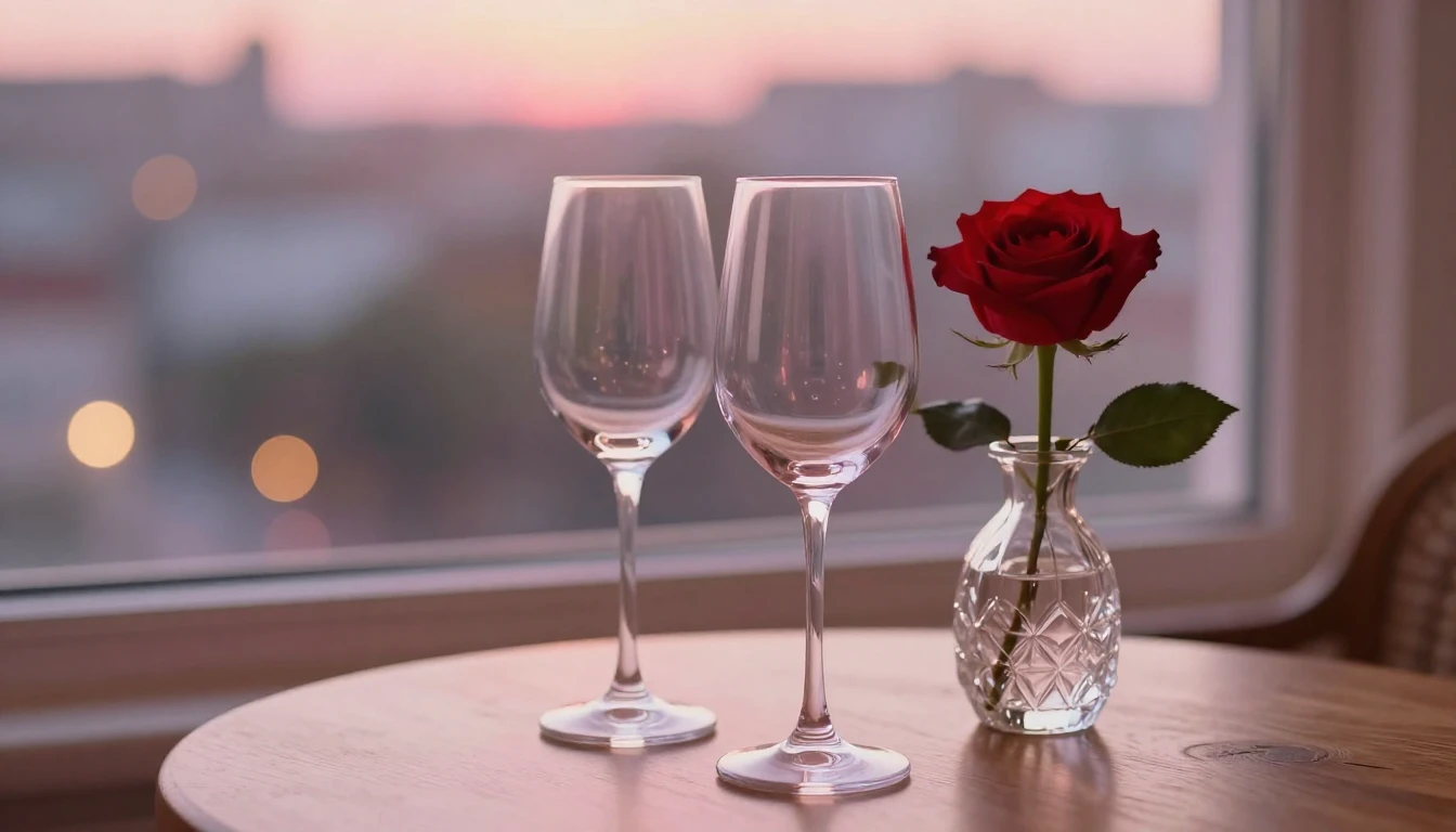 A delicate scene featuring two elegant wine glasses sitting ...
