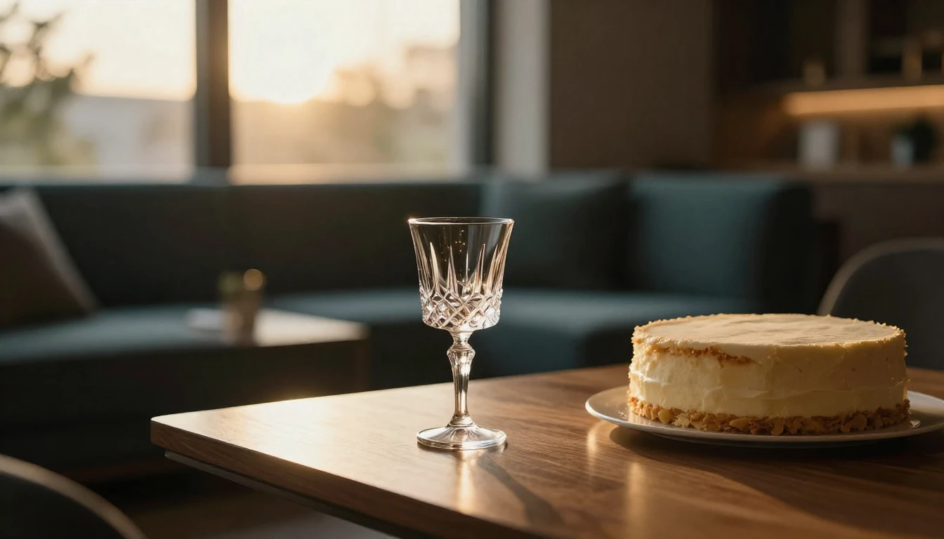 A warm, dimly lit modern lounge setting during golden hour. ...