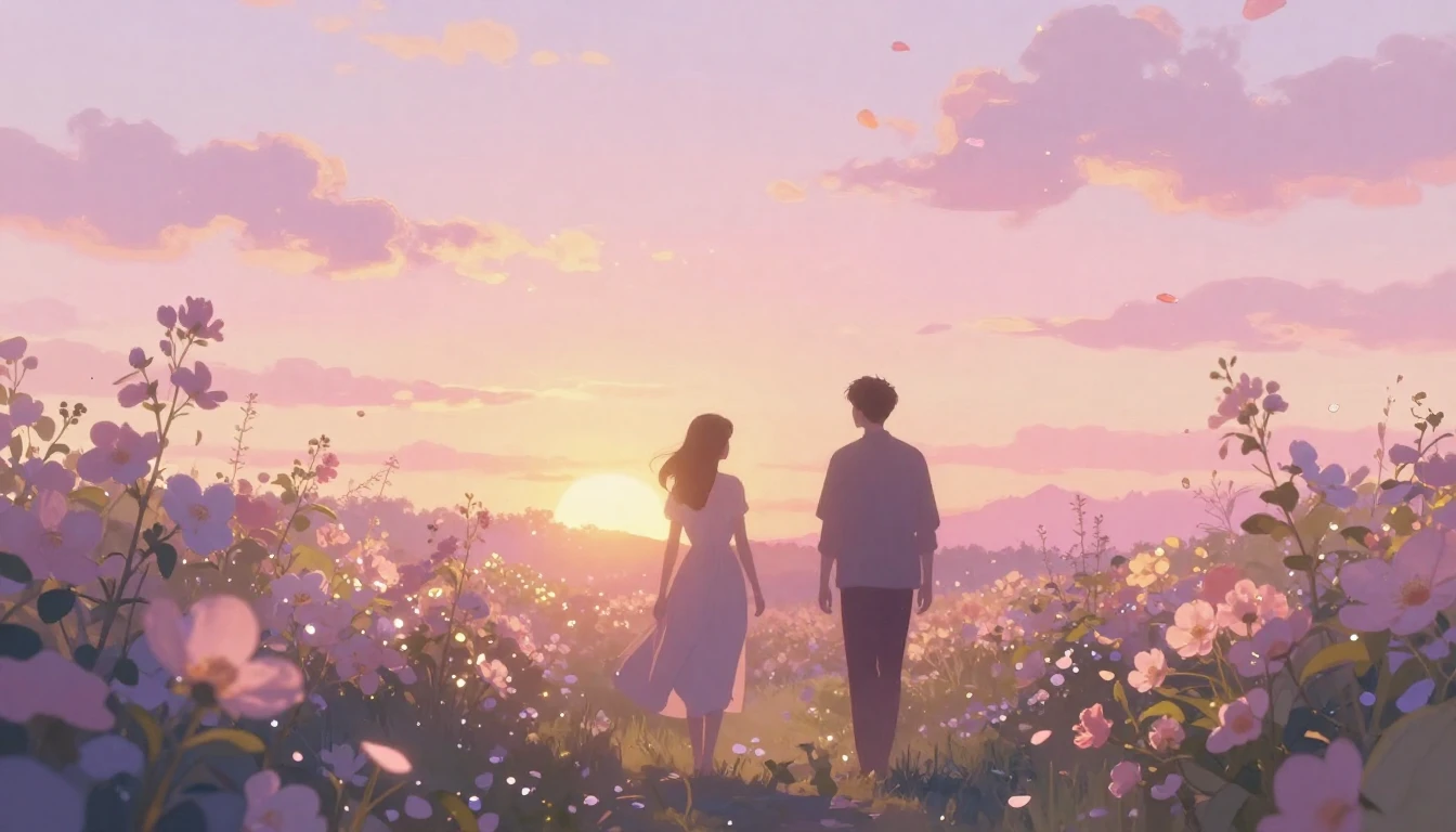 A dreamy and ethereal scene of two silhouettes walking throu...