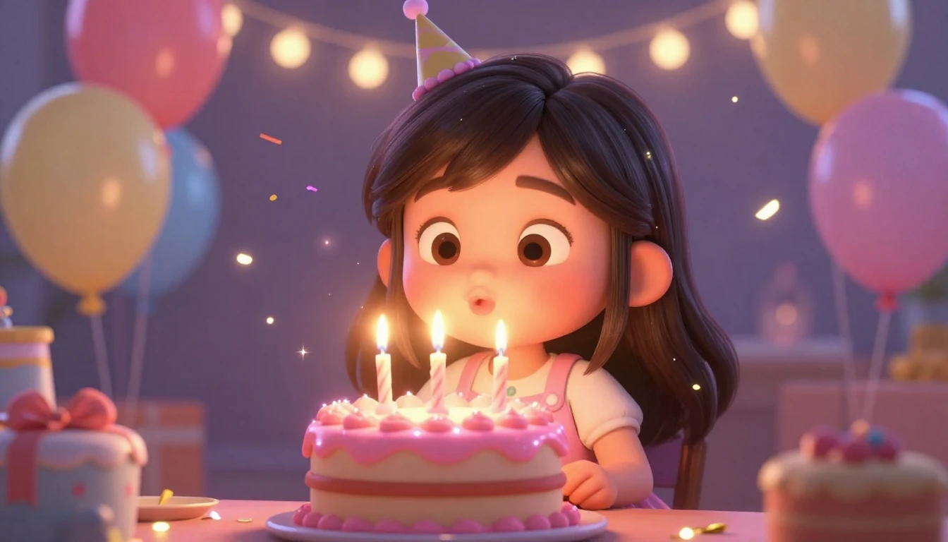 A cute 3D animated style scene of a happy young girl blowing...