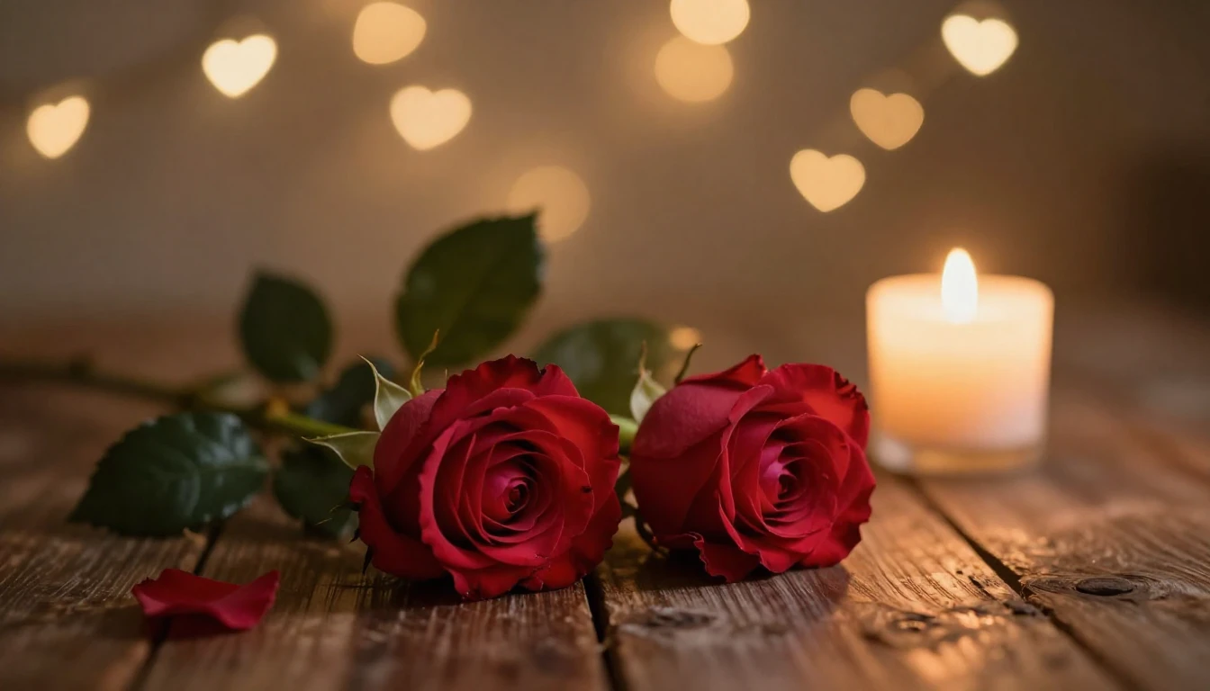 A soft and dreamy scene featuring two delicate red roses lyi...