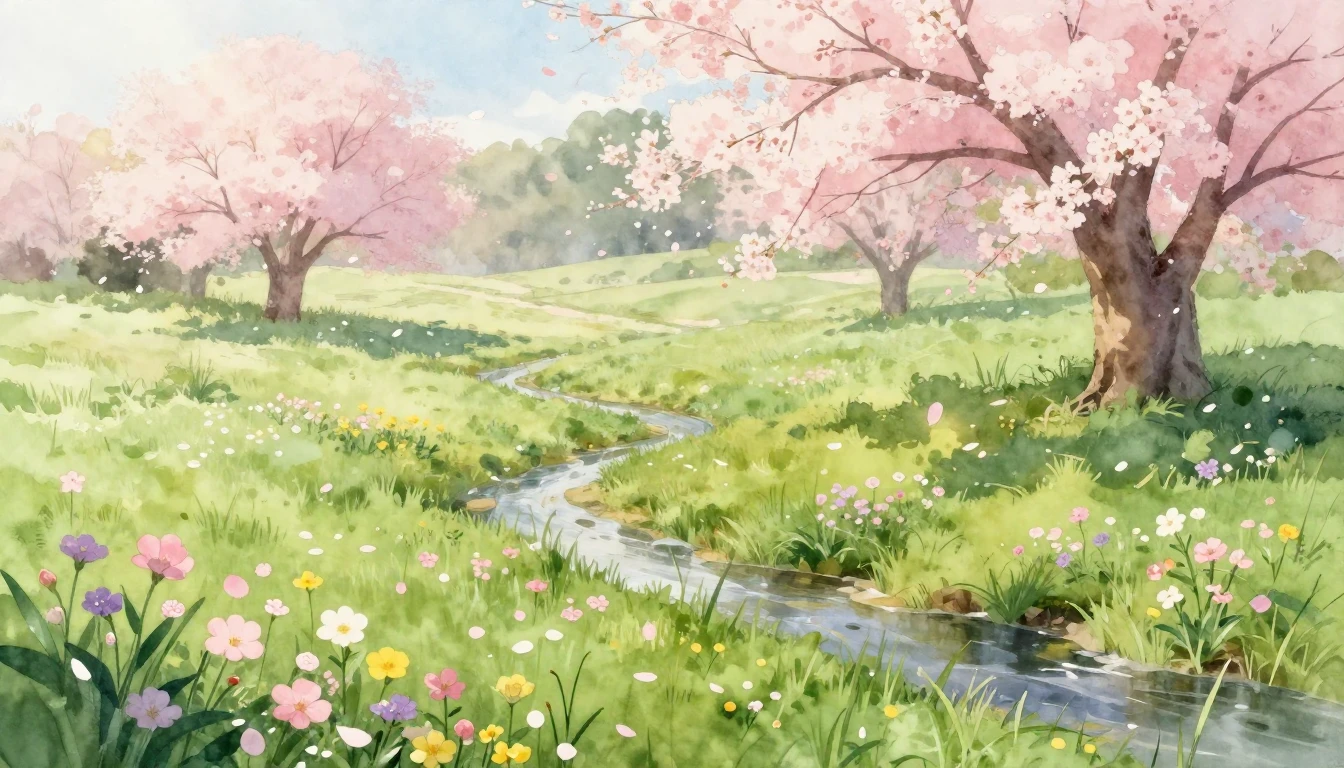 A serene spring landscape in a soft watercolor style. A lush...