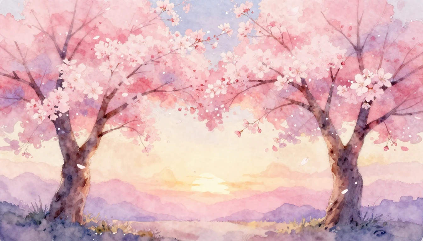A soft watercolor painting of two intertwined cherry blossom...