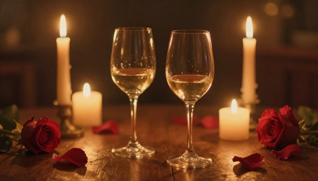 A dreamy, romantic scene featuring two elegant wine glasses ...