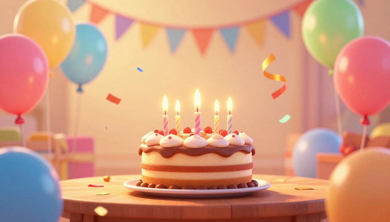 A vibrant and joyful birthday party scene in a 3D animation ...