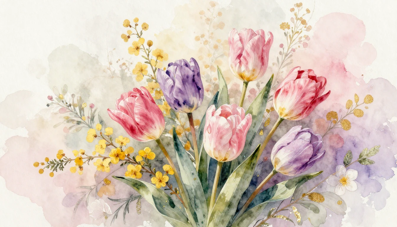 A delicate watercolor painting showcasing a lush bouquet of ...