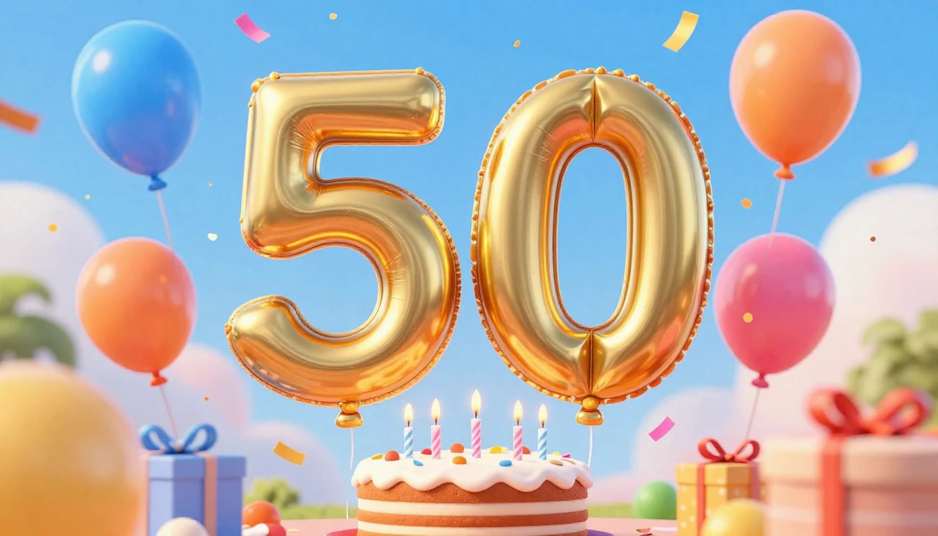 A vibrant and festive 3D rendered scene celebrating a 50th b...