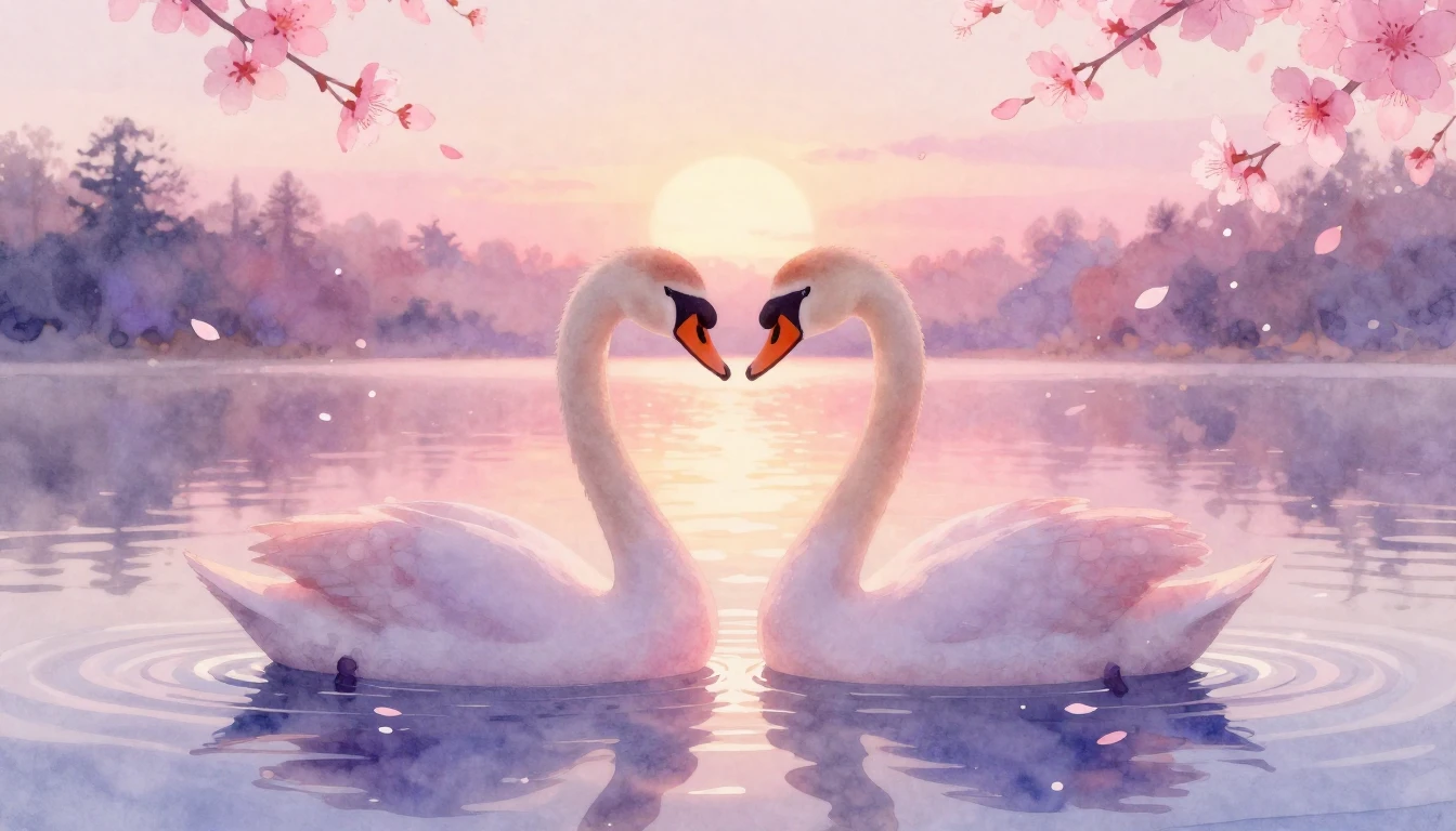 A soft watercolor painting depicting two stylized silhouette...