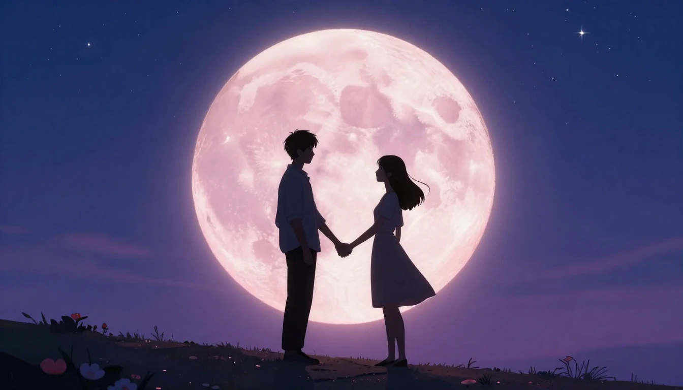 A romantic and dreamy scene featuring two silhouettes holdin...