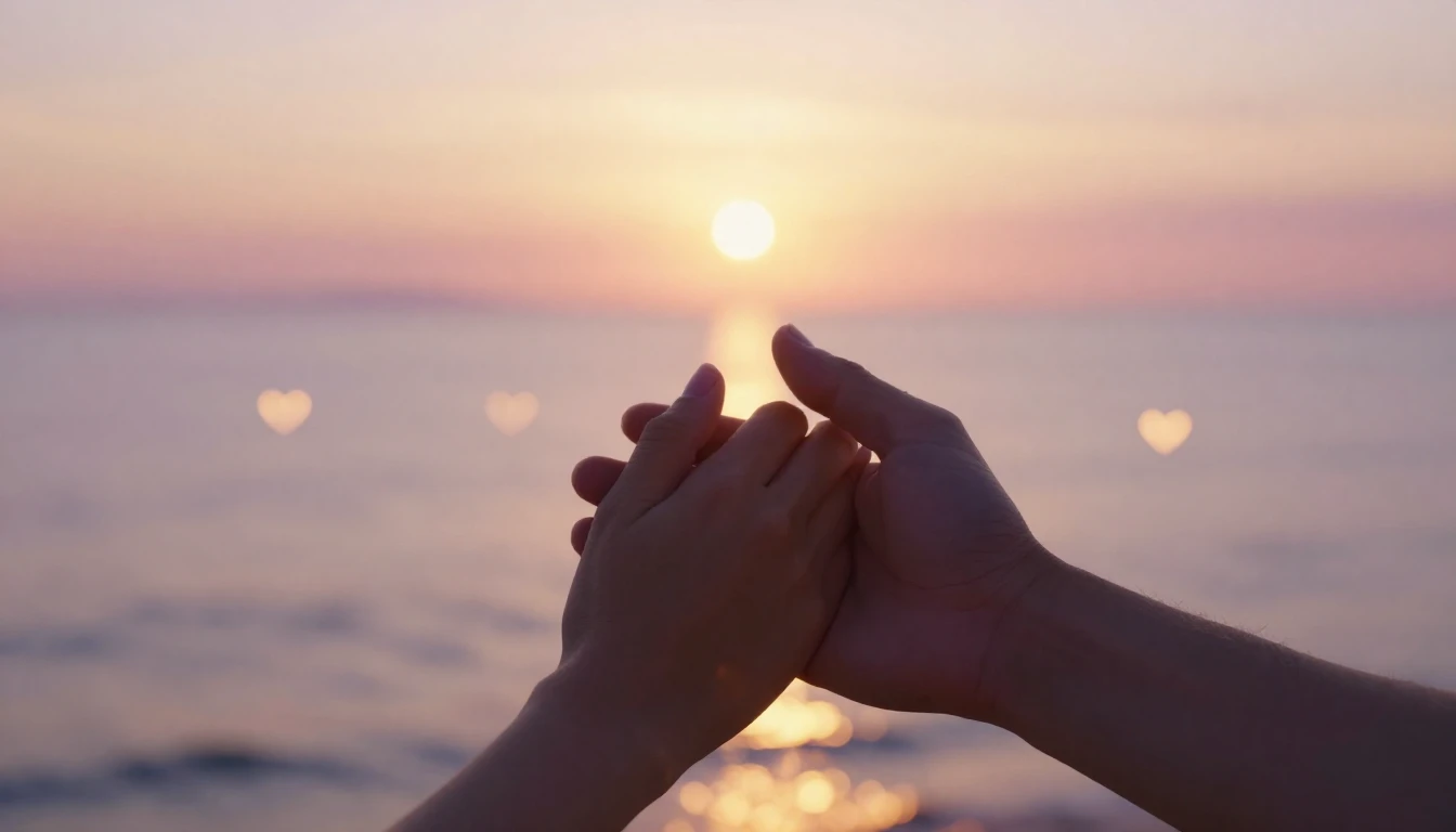 A cinematic, romantic close-up shot of two hands gently hold...