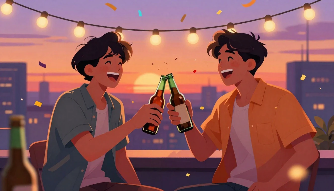 A vibrant digital art illustration of two male best friends ...