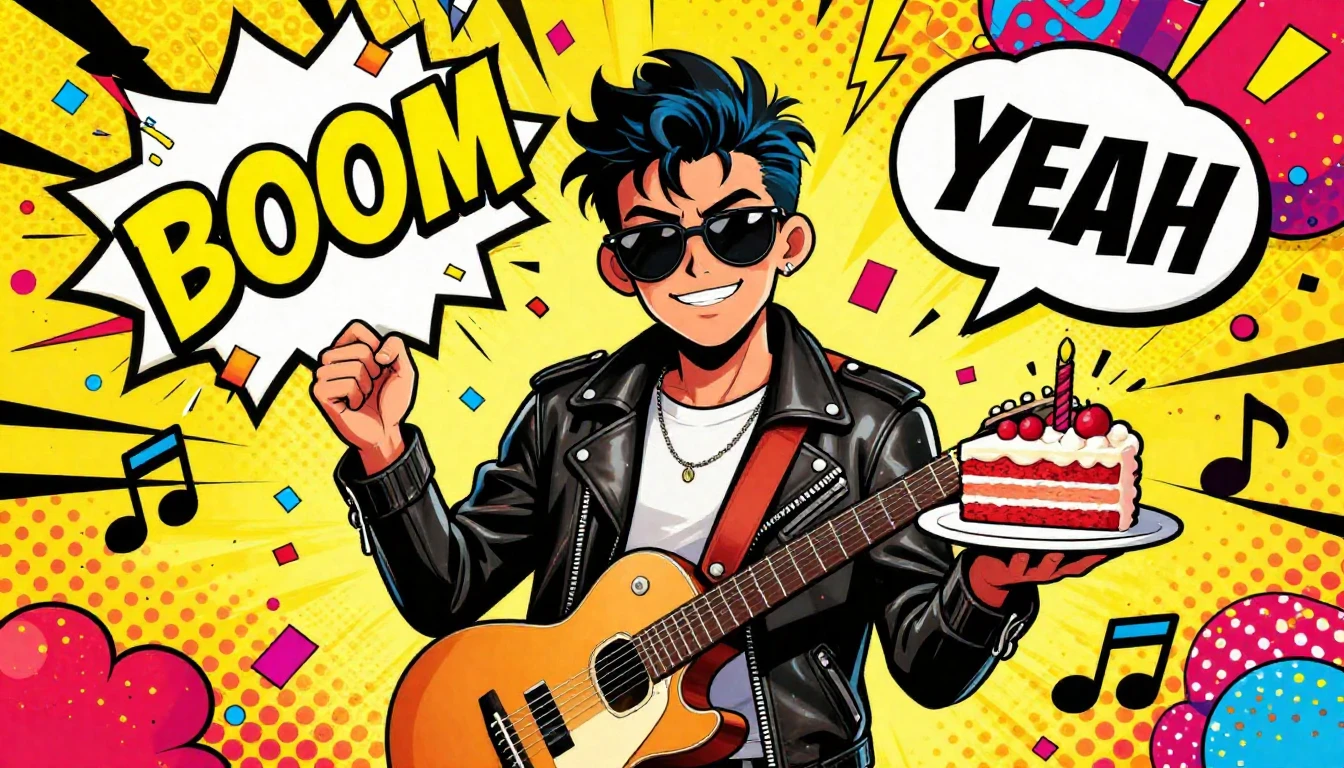 A vibrant, energetic birthday album cover in comic book styl...