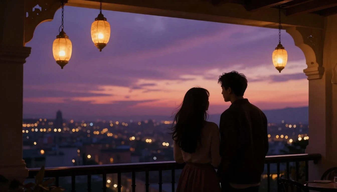 A breathtakingly romantic scene featuring two silhouettes st...