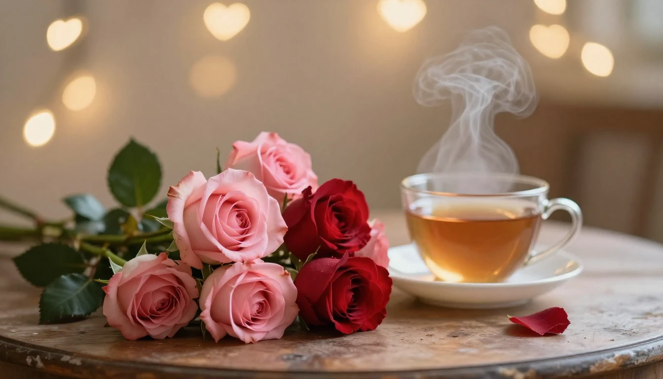 A soft and dreamy scene featuring a delicate bouquet of pink...