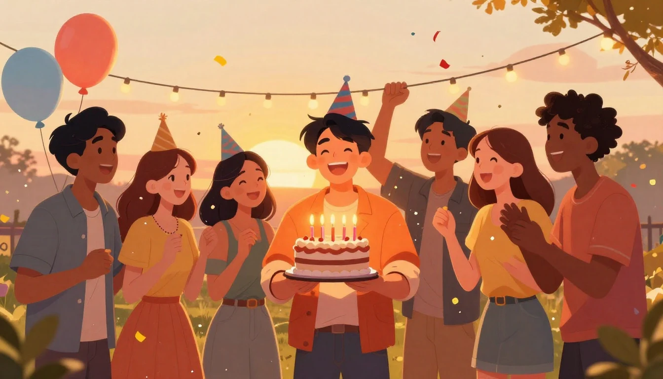 A warm and festive illustration of a group of friends celebr...