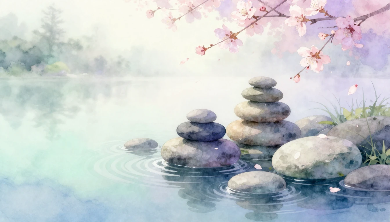 A serene watercolor painting of a Zen garden at dawn. Soft p...