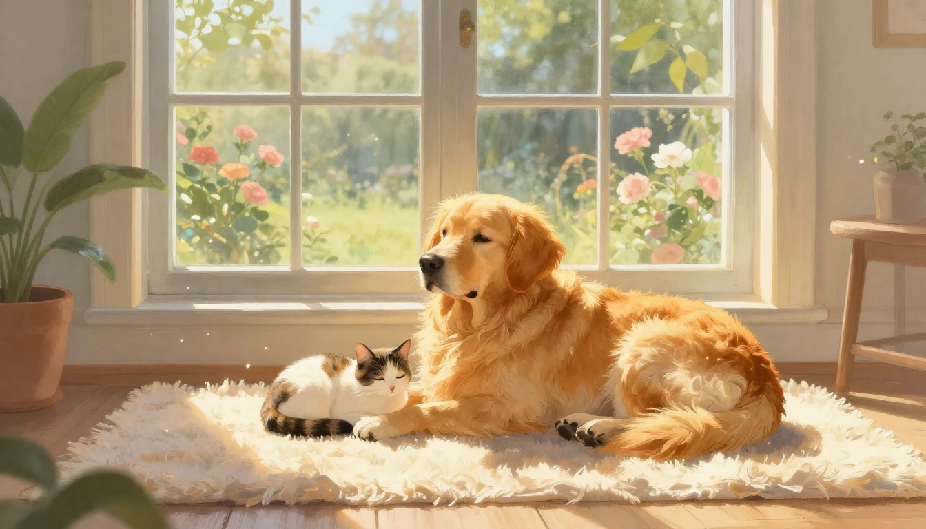 A beautiful and soft illustration of a cozy living room sun-...