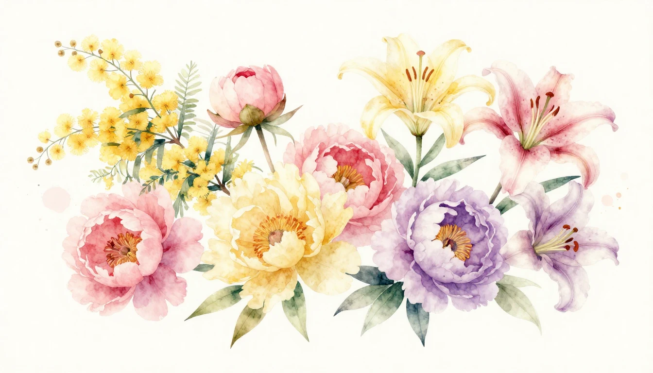 A beautiful and delicate watercolor painting featuring a var...