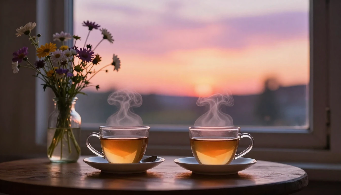 A serene and cozy scene featuring two steaming cups of tea o...