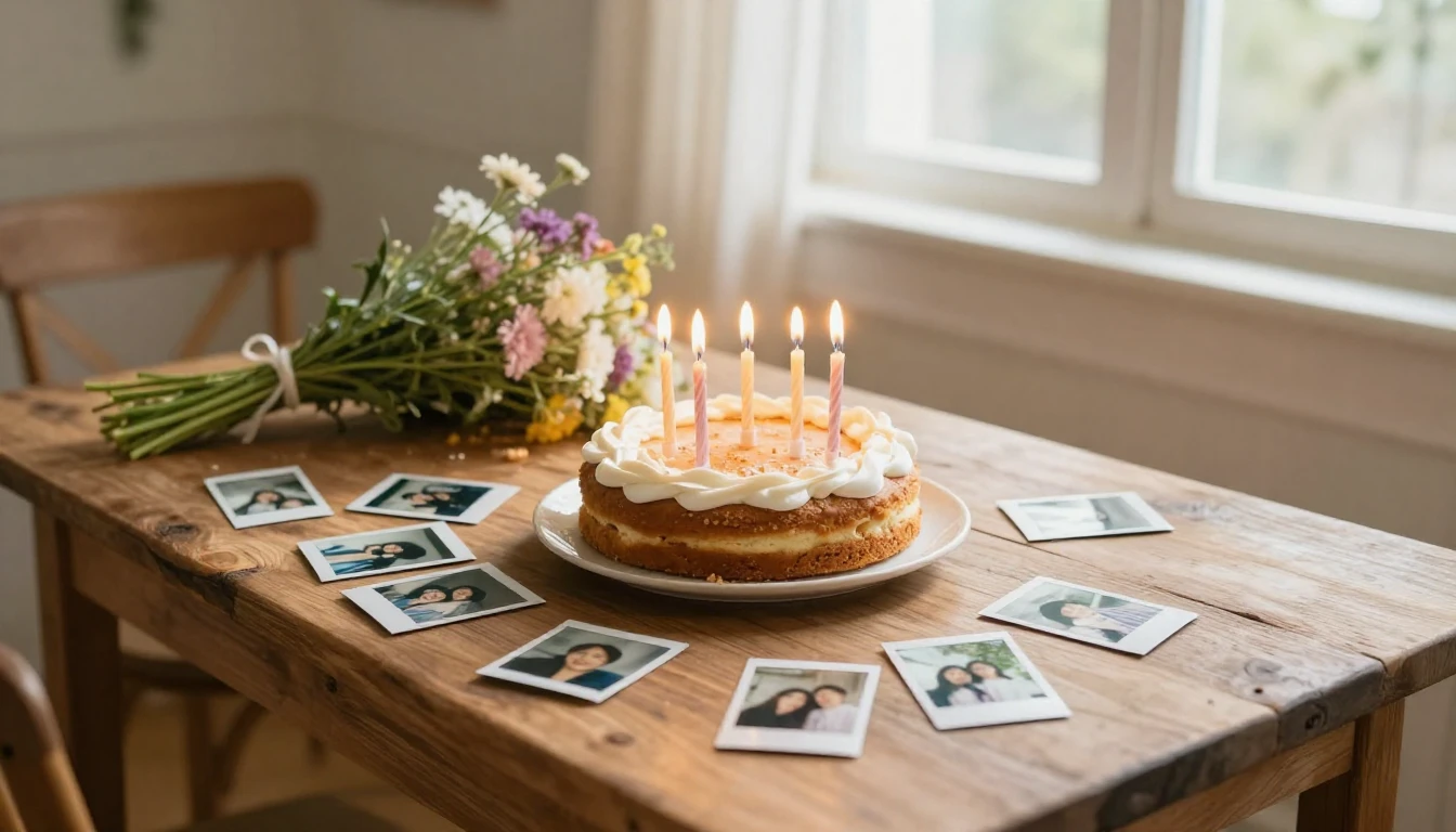 A warm and nostalgic birthday scene, a rustic wooden table w...
