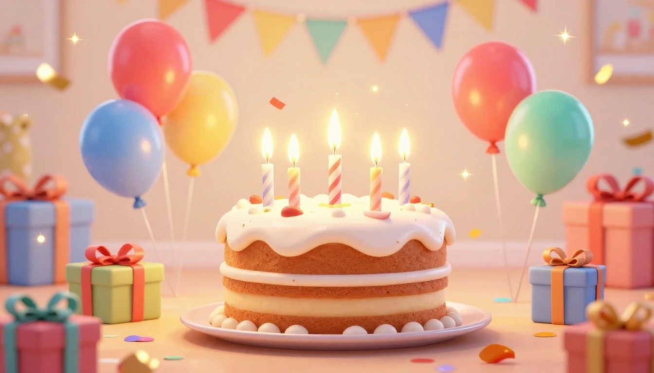 A festive and colorful birthday scene in a cute 3D animation...