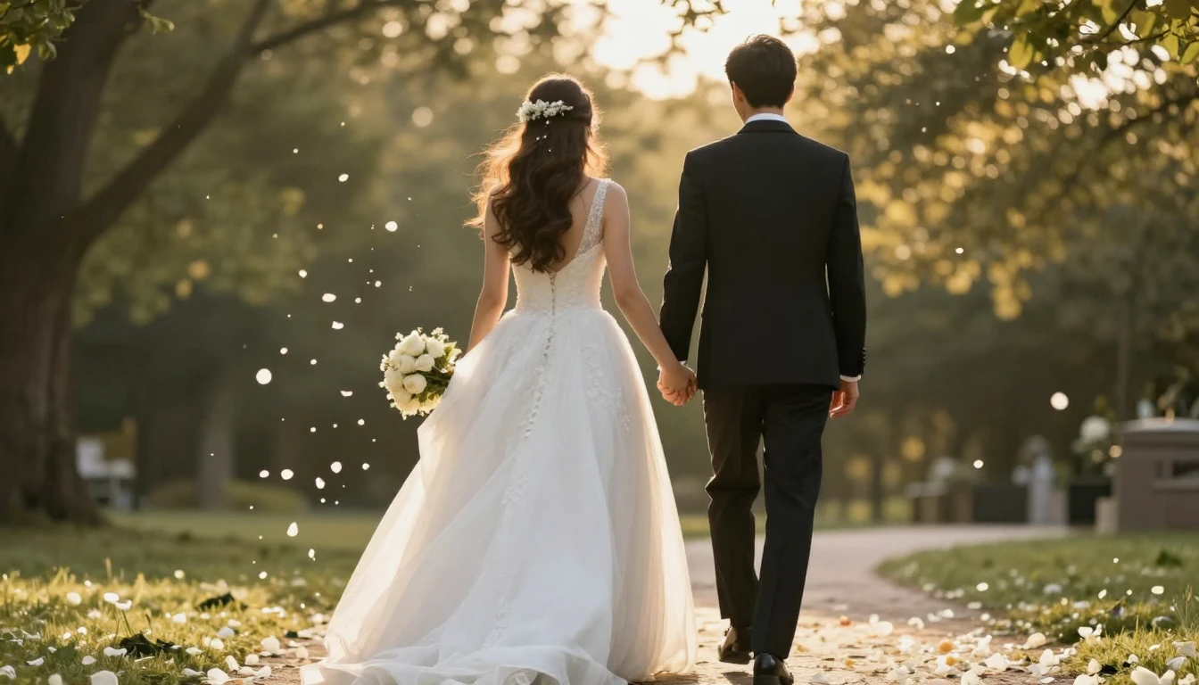 A cinematic, romantic shot of a bride and groom holding hand...