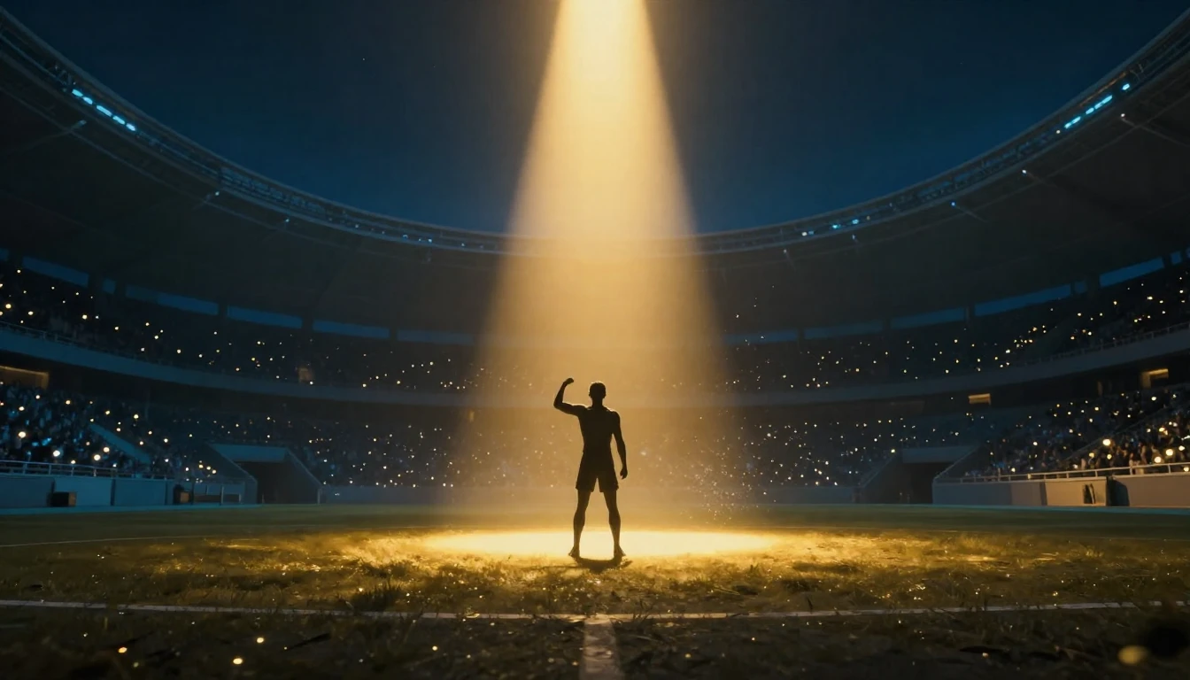 A wide cinematic shot of a vast, futuristic sports arena at ...