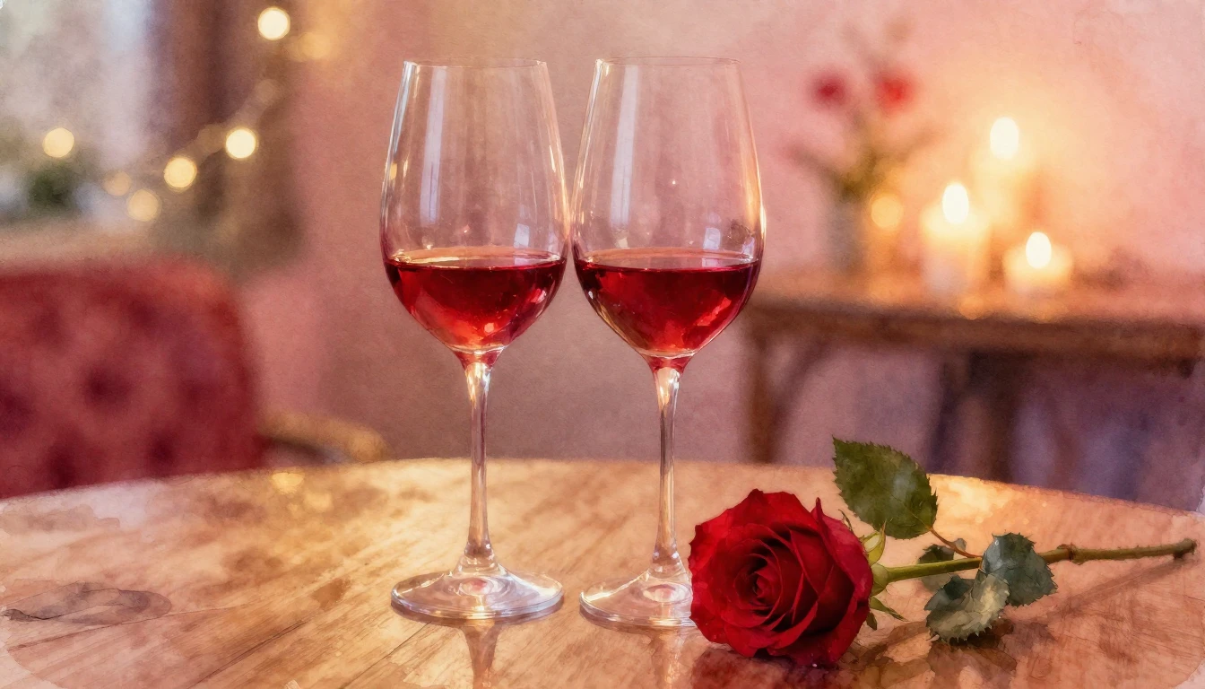 A soft and dreamy watercolor painting of two elegant wine gl...